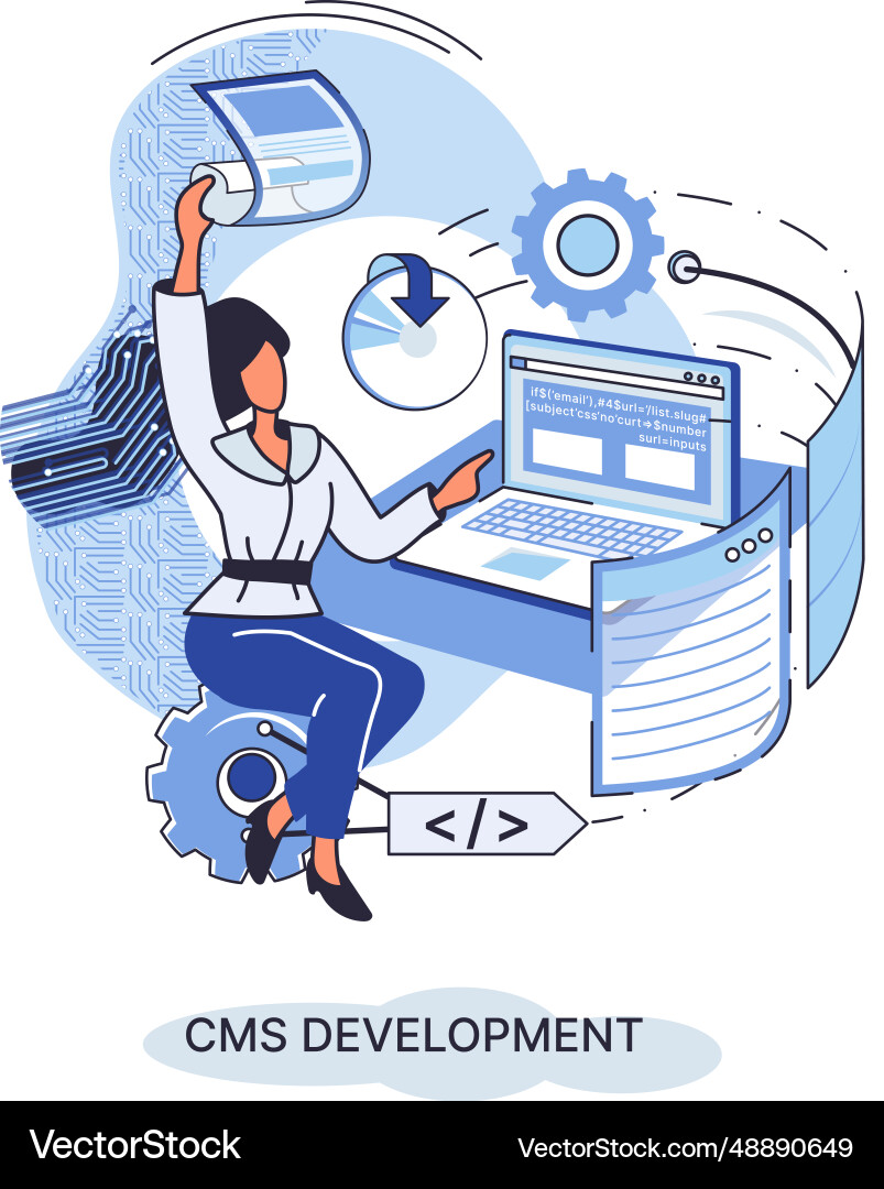 Cms development process female programmer works Cms development process female programmer works vector image