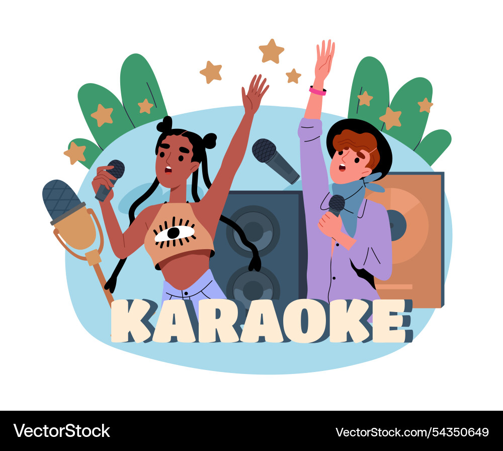 Menschen in Karaoke Mann und Frau mit Mikrofonen Vektorbild