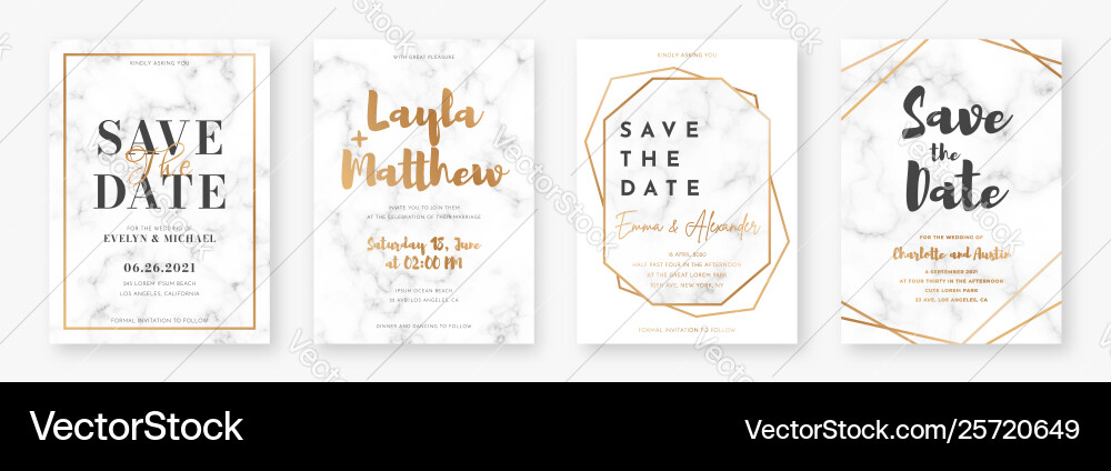 Wedding card design with golden frames and marble Wedding card design with golden frames and marble vector image
