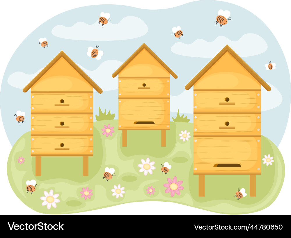 Beehives with bees in a clearing spring depicting Vector Image
