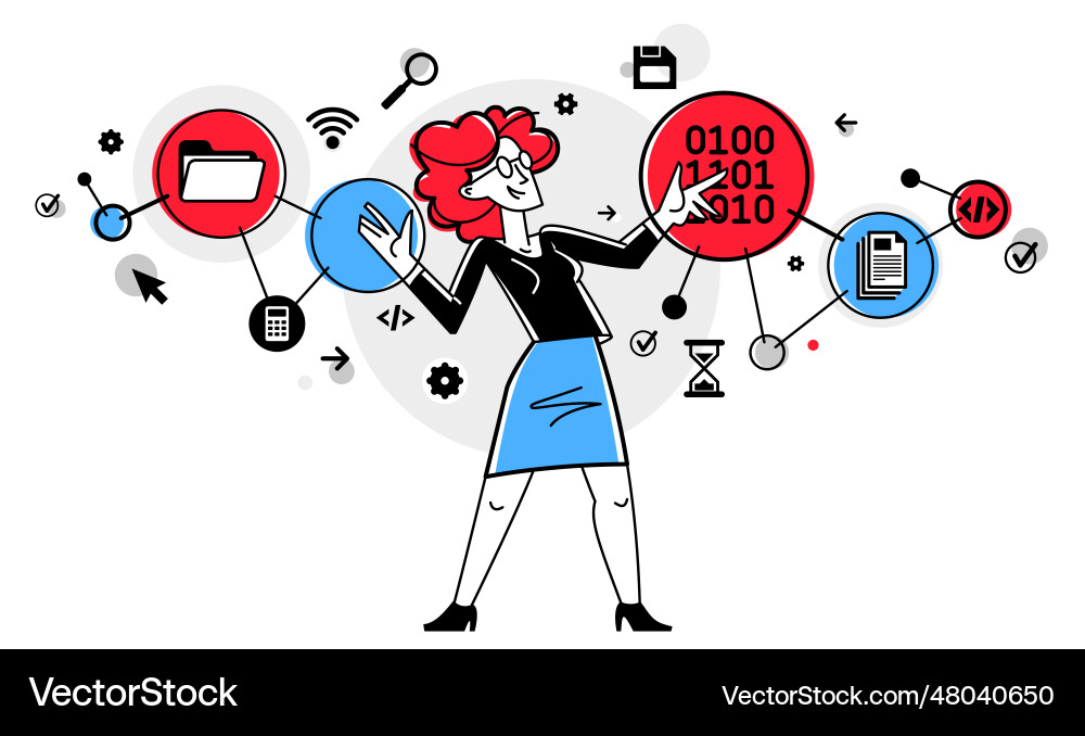 Programmer is coding and repairing some machine vector image