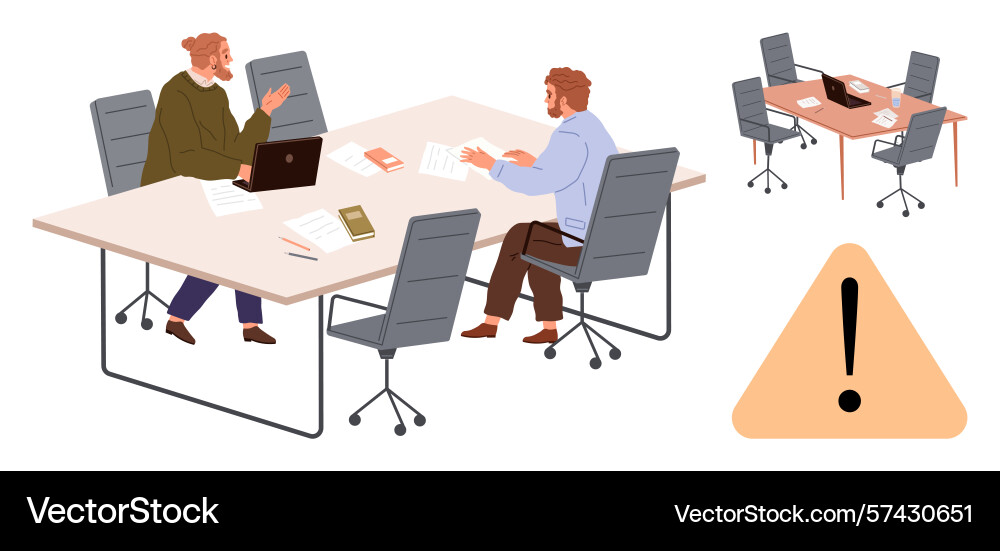 Office team in discussion with triangle warning Office team in discussion with triangle warning vector image