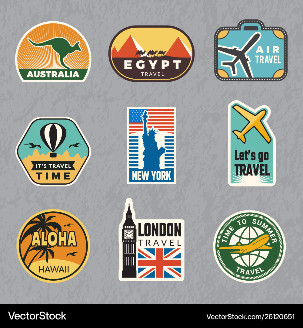 Vintage Travel Stickers - Summer Vacation Vector Image