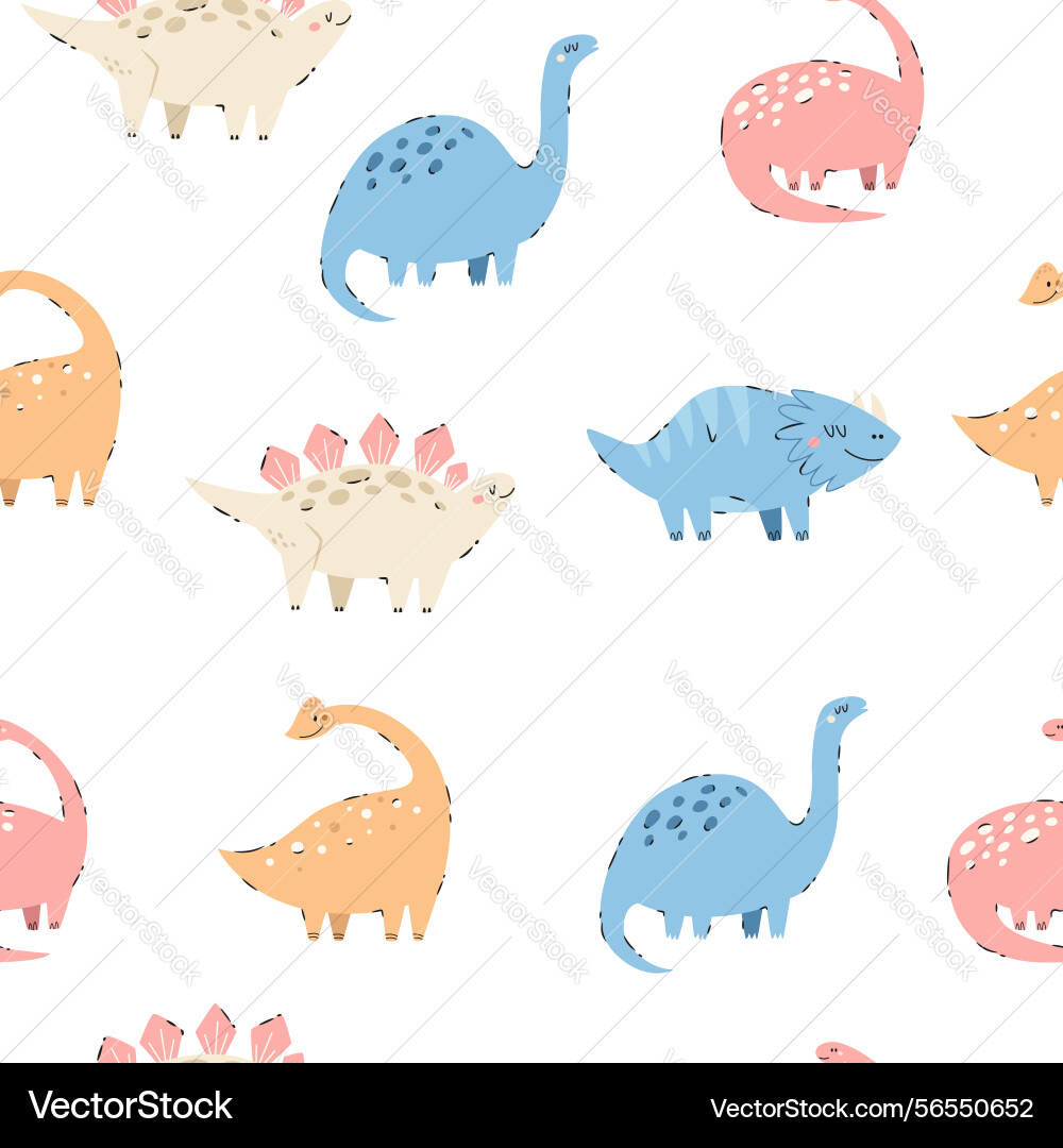 Seamless pattern with hand-drawn cute dinosaurs Seamless pattern with hand-drawn cute dinosaurs Vector Image