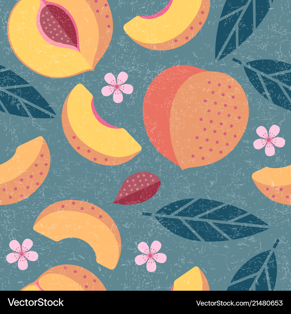 Peach Seamless Pattern - Fruits & Leaves Vector Image