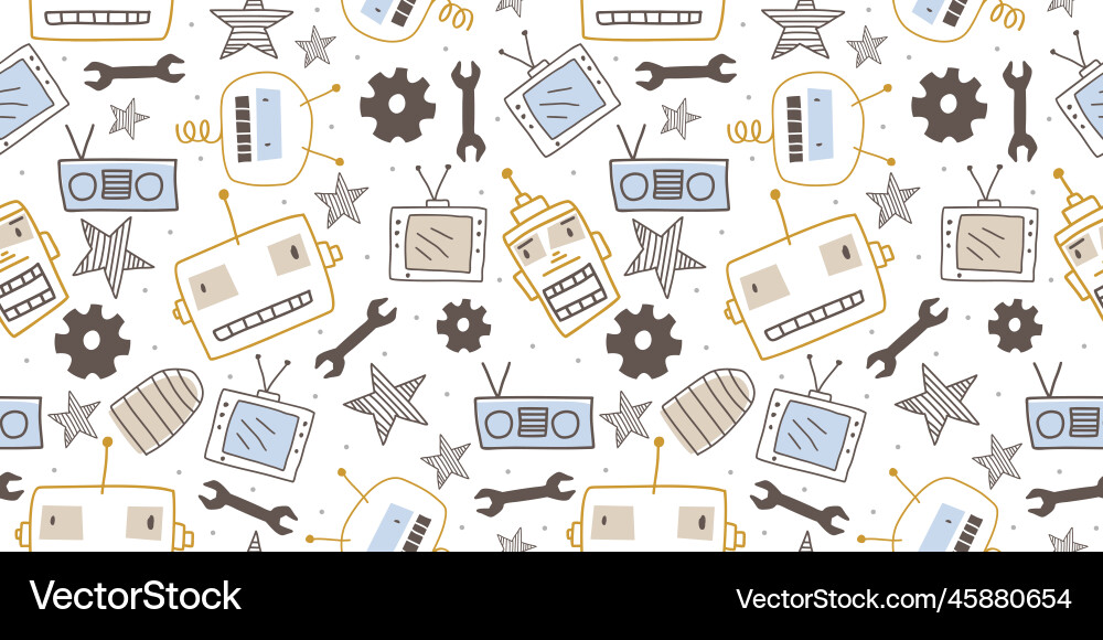 Hand drawn robots seamless pattern cute character Hand drawn robots seamless pattern cute character vector image