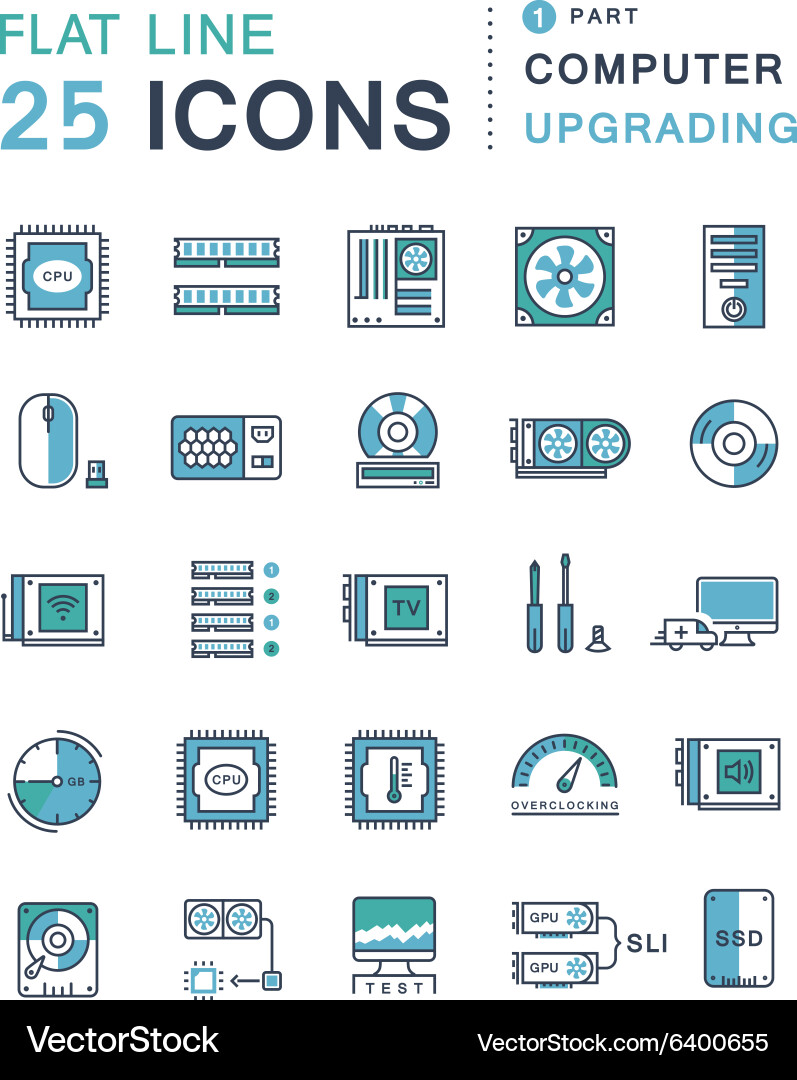 Set flat line icons upgrading computer vector image