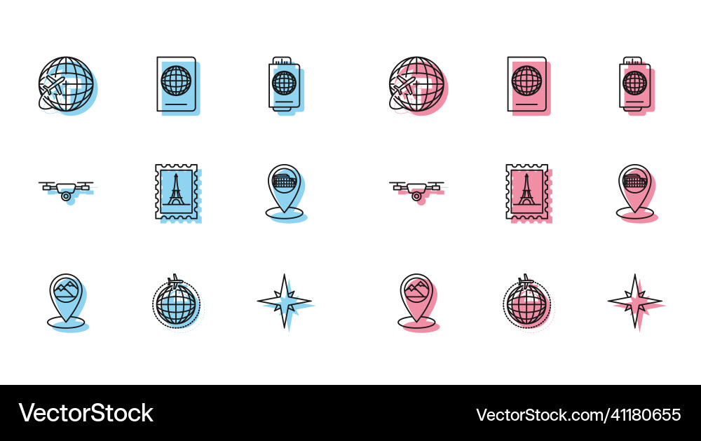 Set line map pointer with mountain globe flying Set line map pointer with mountain globe flying vector image
