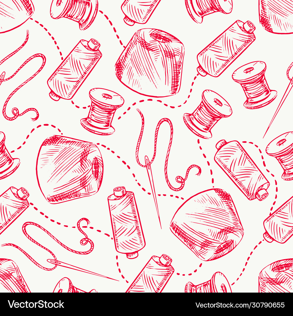 Thread Spools & Needles - Seamless Pattern vector image