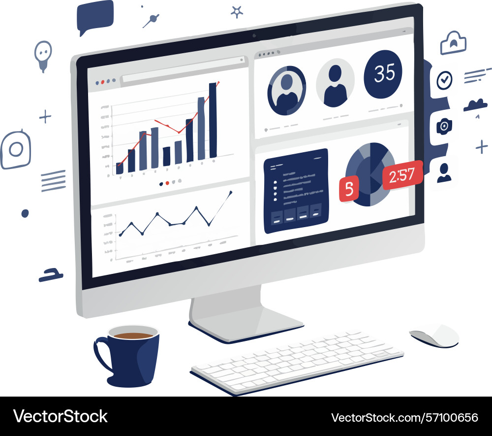 Desktop-Computer mit analytischem Dashboard vektorbild