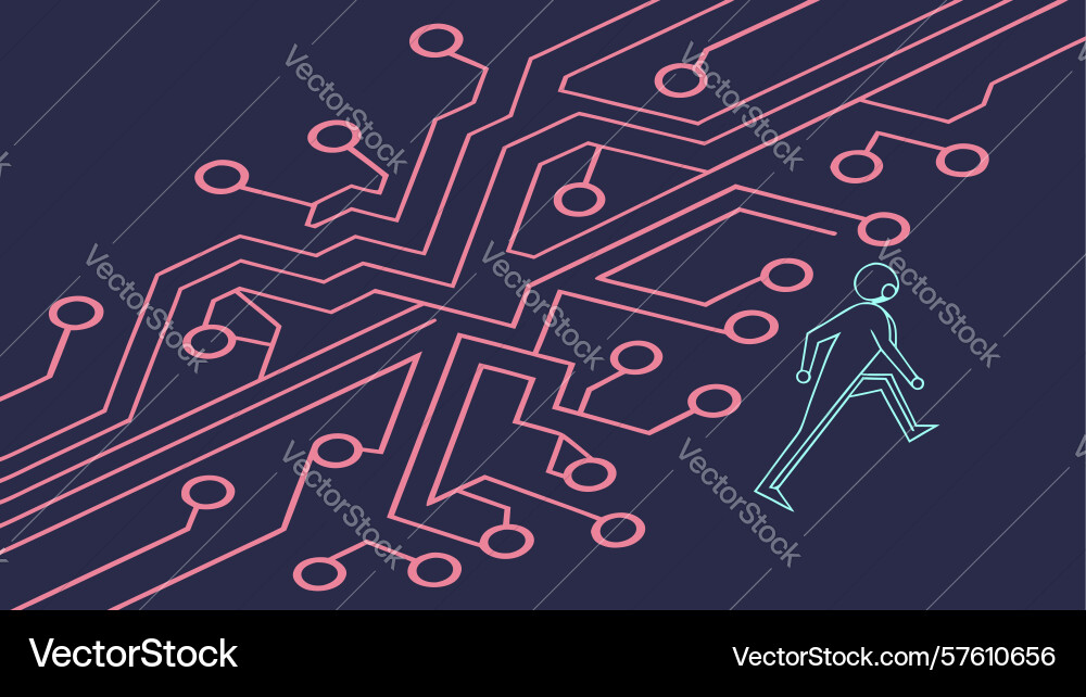 Digital journey man on circuit board path design vector image