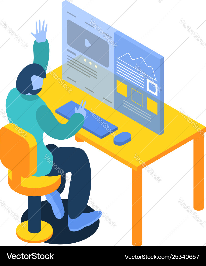 Man working on desktop computer icon isometric Vector Image