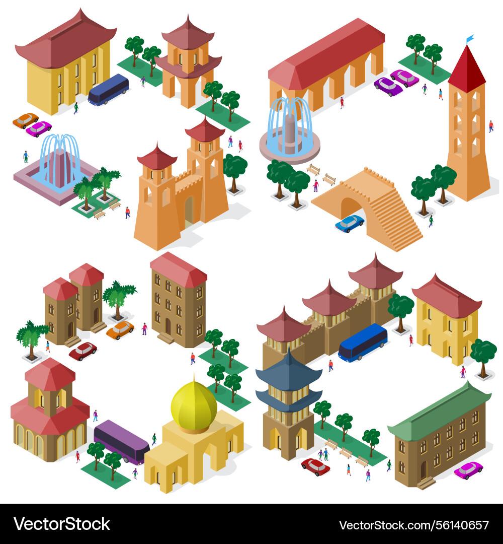 Set of frames with isometric models buildings Set of frames with isometric models buildings Vector Image