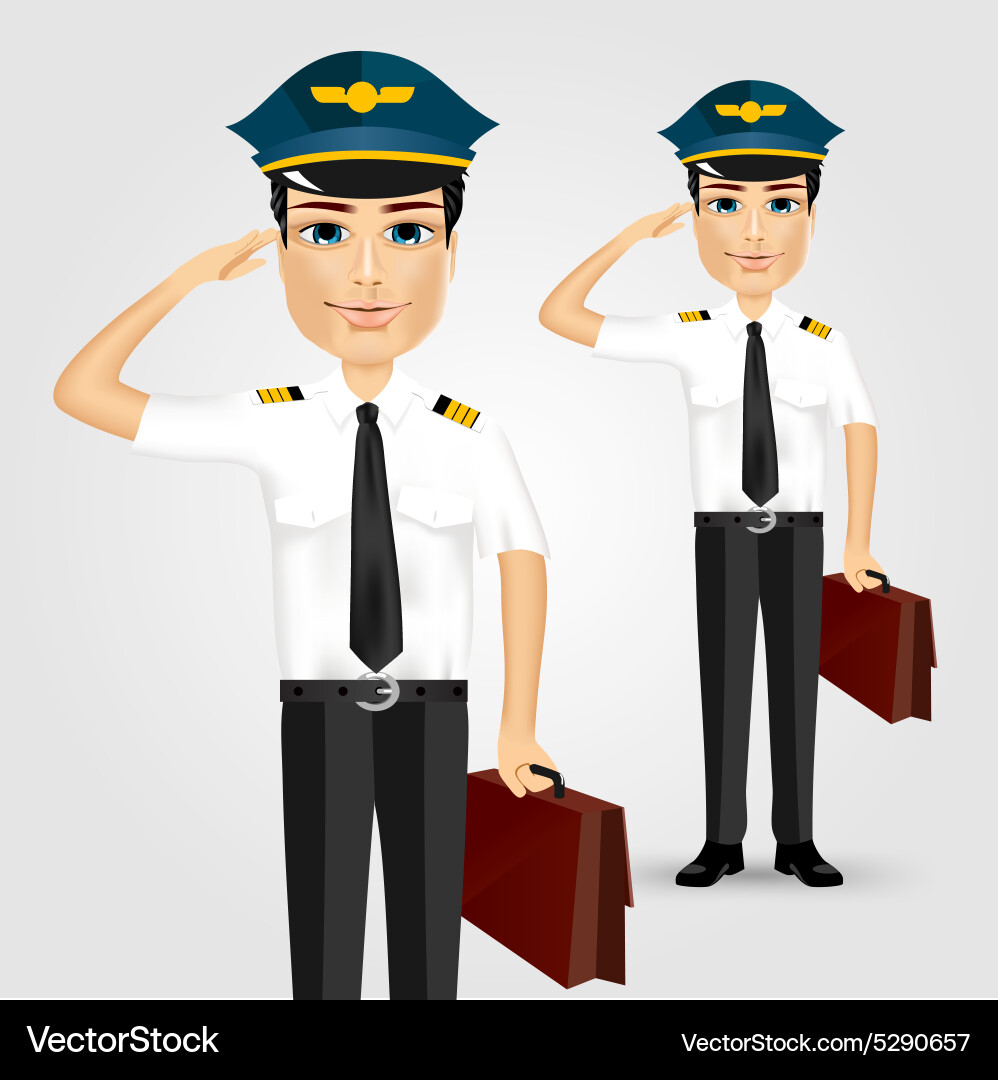 Smiling Pilot Saluting with Briefcase Vector Image