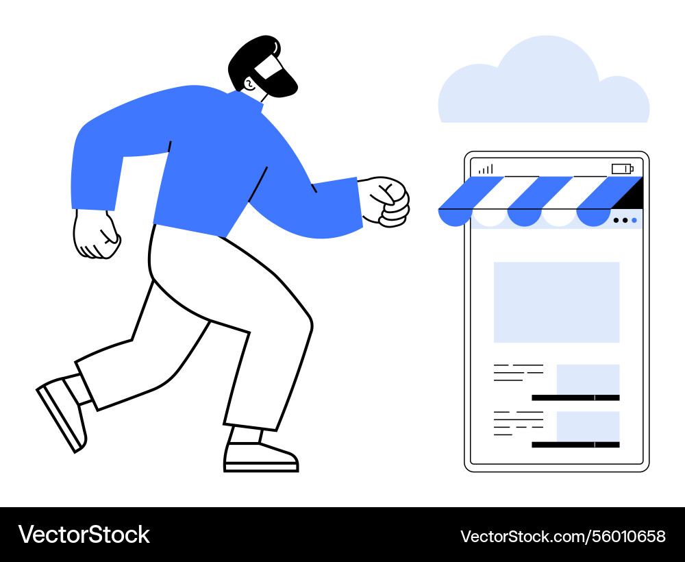 Man approaching online storefront on mobile device Man approaching online storefront on mobile device Vector Image