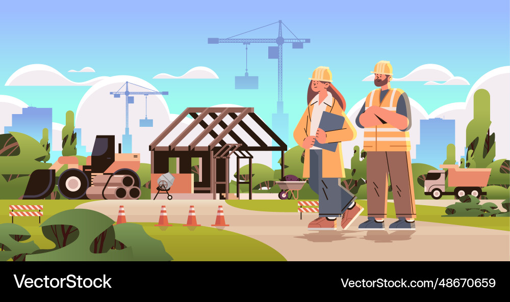 Architect and engineer in uniform discussing Vector Image
