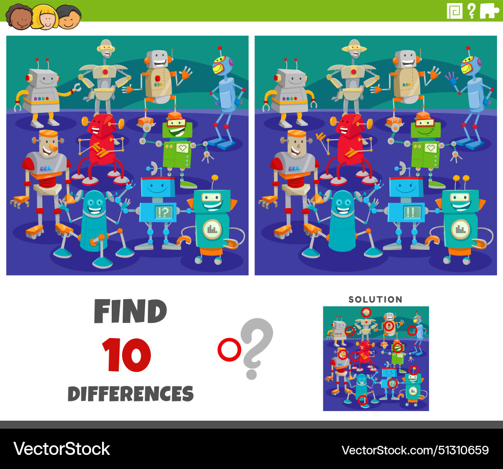 Differences game with cartoon robots characters Vector Image