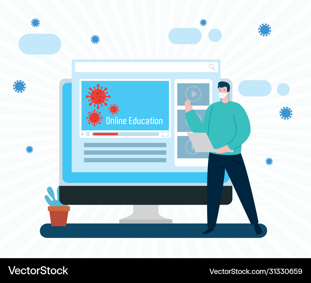 Man using face mask studying online in desktop Vector Image
