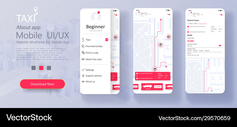 Taxi service app on mobile phone different ui ux vector image
