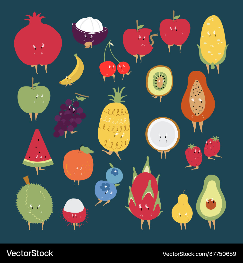 Tropical fruit cartoon characters set Tropical fruit cartoon characters set vector image