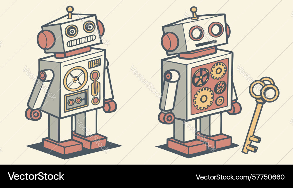 Pair of whimsical retro robots with keys design vector image