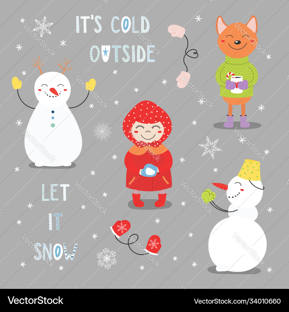 Set hand drawn winter cartoon characters Set hand drawn winter cartoon characters vector image