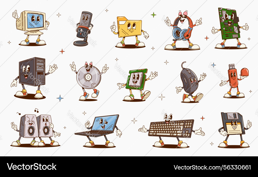 Groovy retro computer device and gadget characters Groovy retro computer device and gadget characters vector image