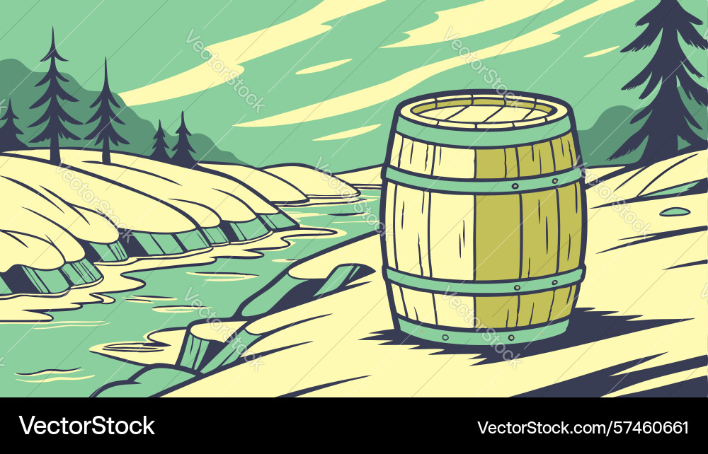 River barrel rustic container by a flowing stream Vector Image