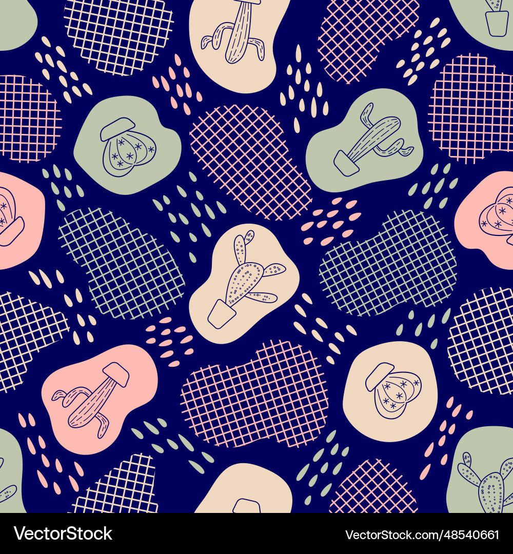 Seamless pattern with cactus in line art style Vector Image