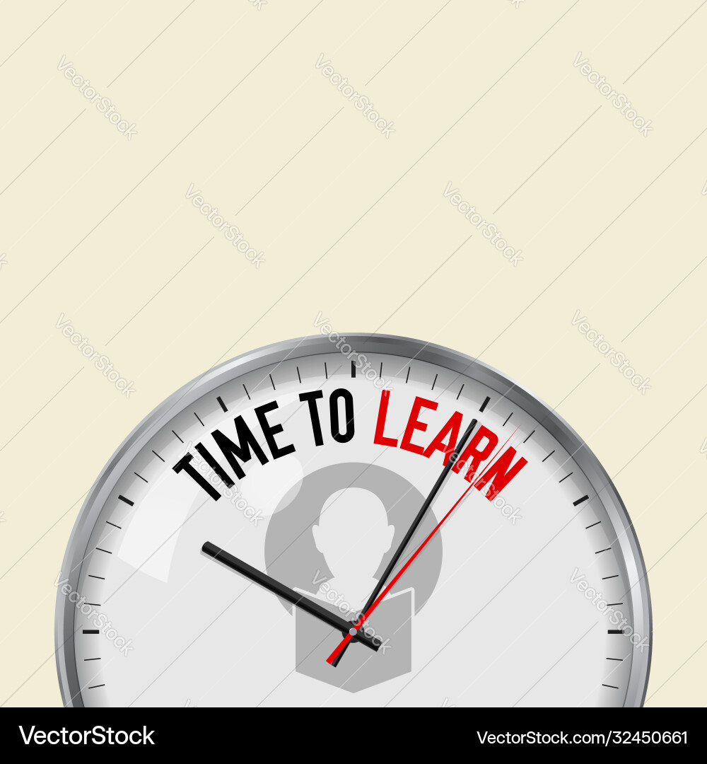 Time to learn white clock with motivational Time to learn white clock with motivational vector image