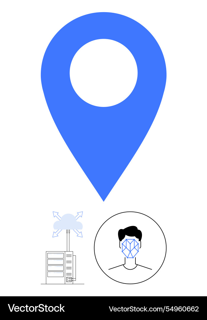 Blue location pin with face recognition and data Blue location pin with face recognition and data vector image