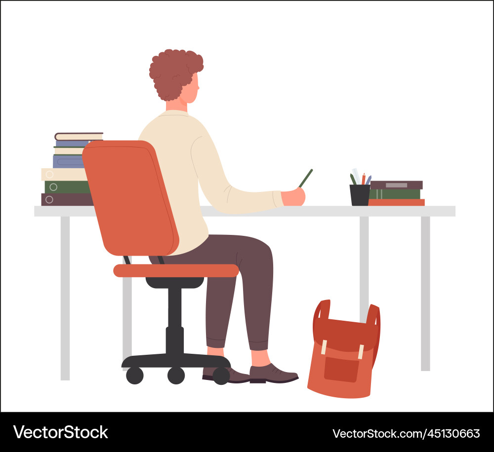 Back view of sitting nerd boy at table Back view of sitting nerd boy at table Vector Image