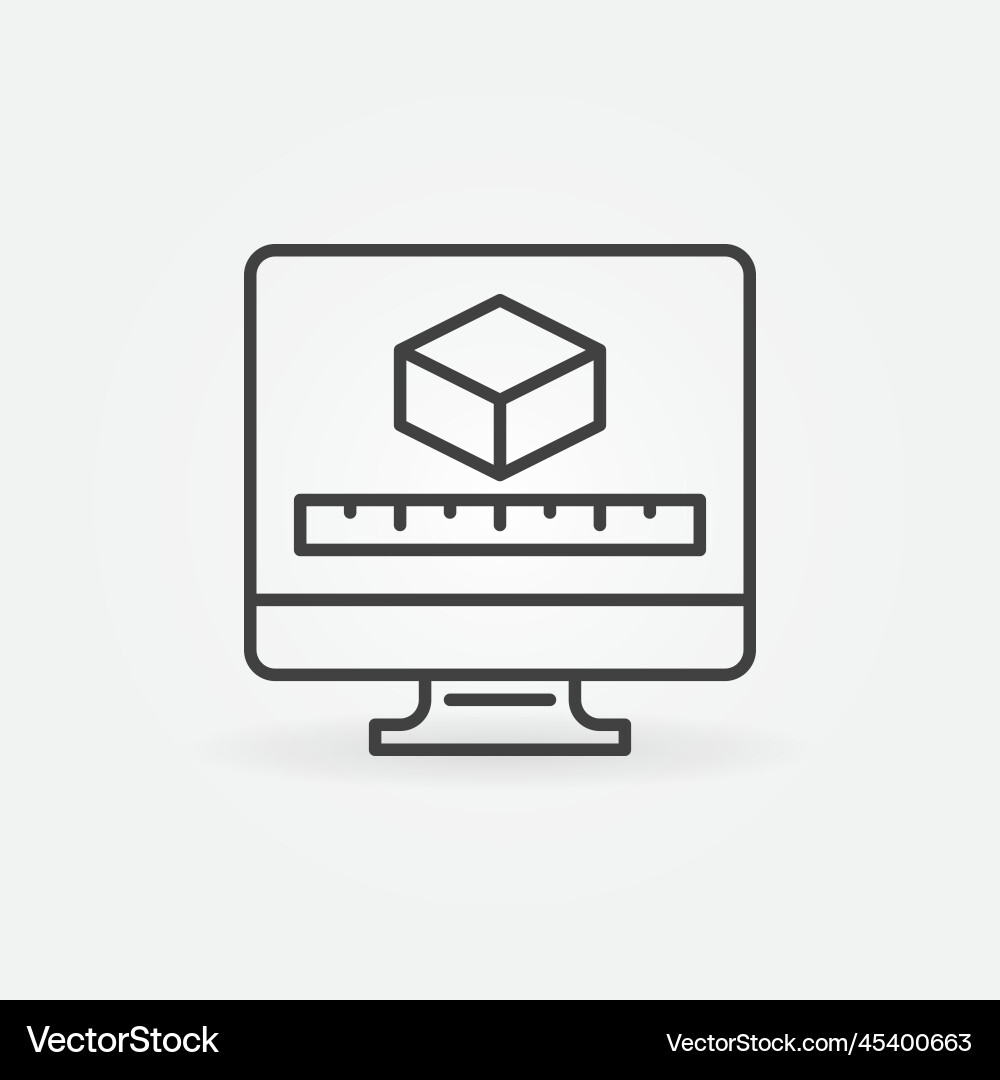 Computer with 3d cube and ruler concept outline Vector Image