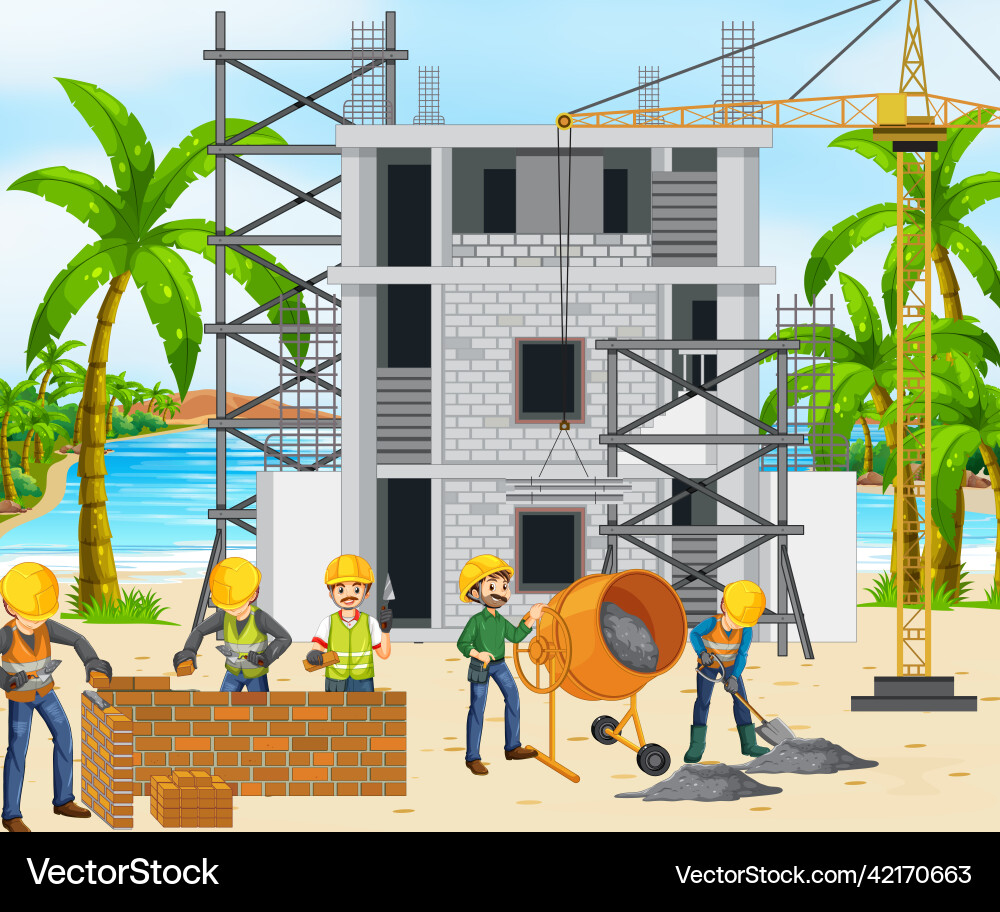 Construction site with workers Royalty Free Vector Image