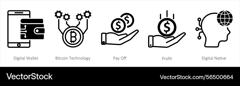 A set of 5 blockchain icons as digital wallet vector image