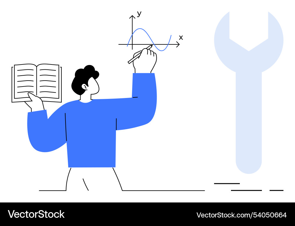Man with book drawing graph large spanner Man with book drawing graph large spanner vector image