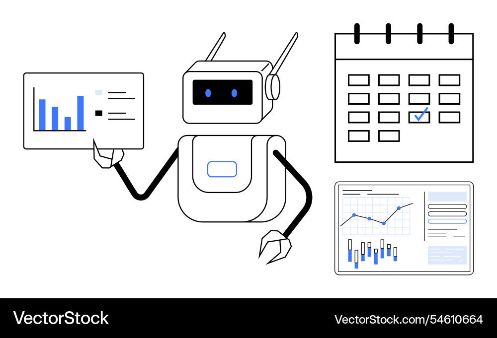 Robot analyzing data charts and planning schedule Robot analyzing data charts and planning schedule vector image