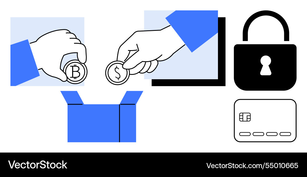Hands dropping coins into box with lock card Vector Image
