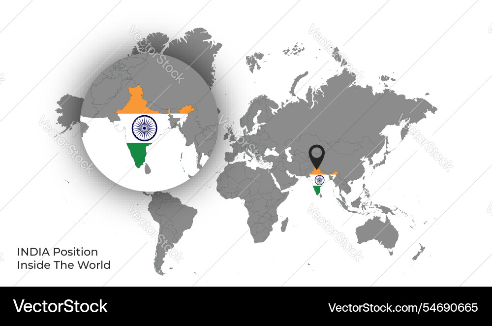 India position inside the world with flag in map Vector Image