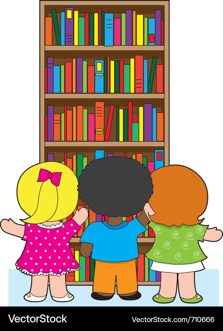 Children Browsing Bookshelf Vector Image