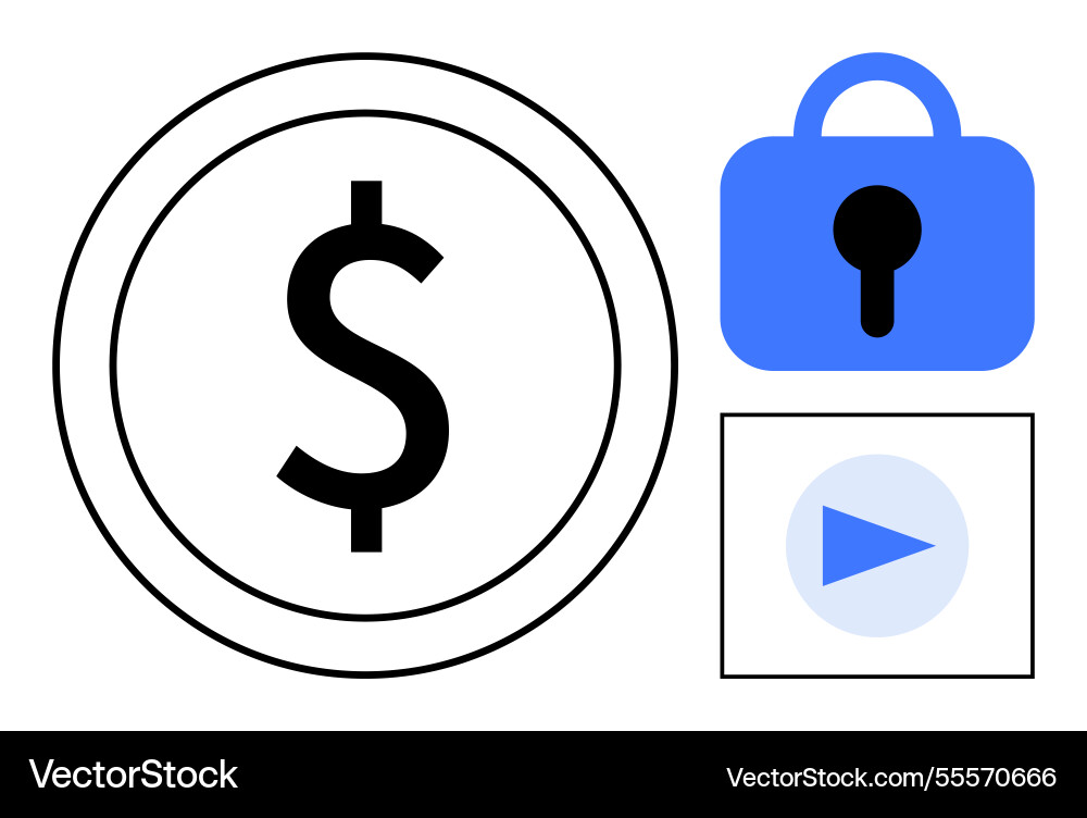 Dollar sign with security lock and play button Vector Image