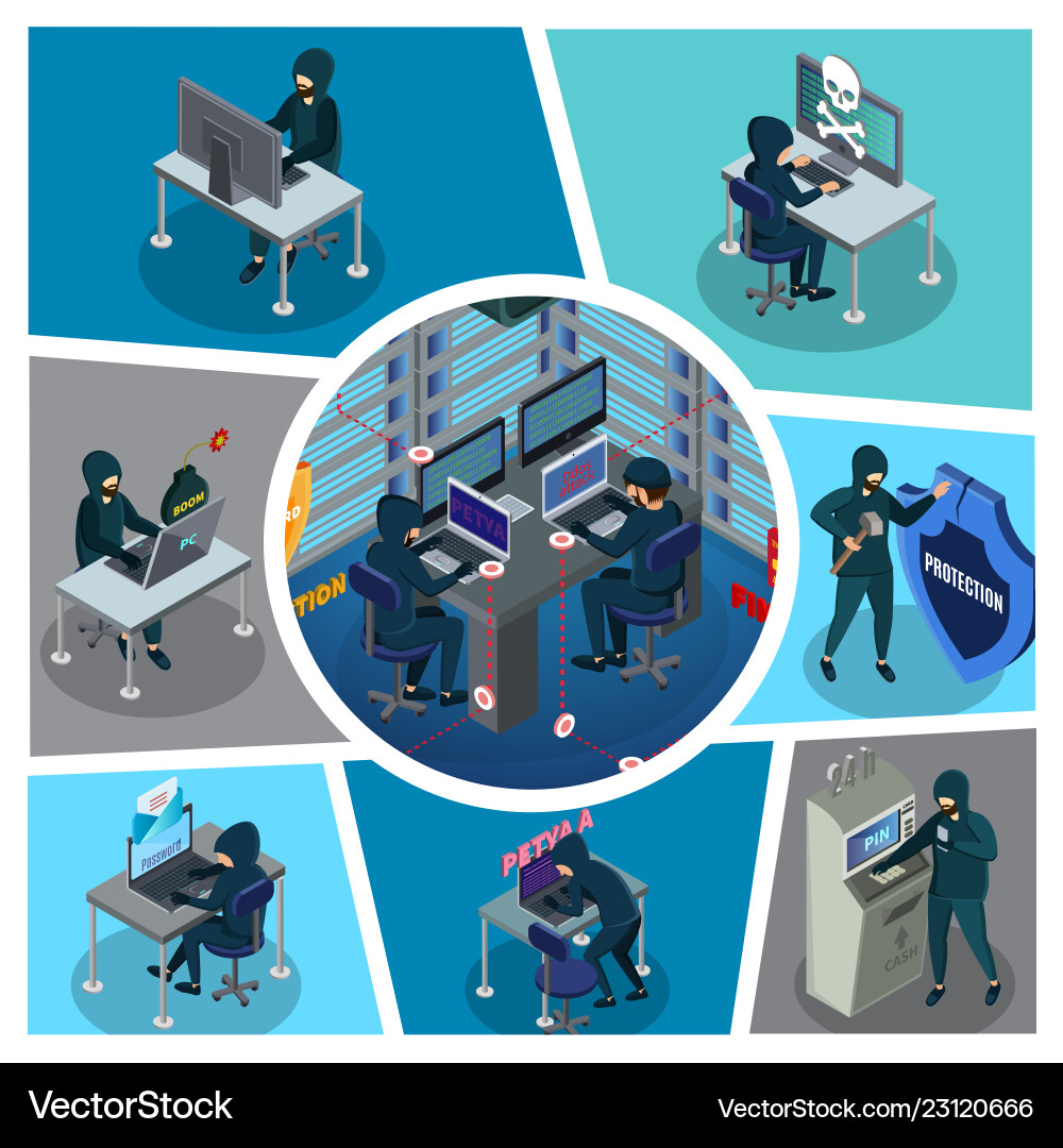 Isometric hacker activity composition vector image