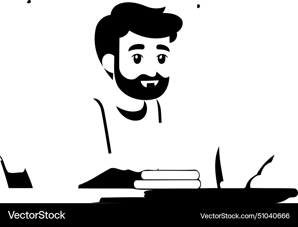 Man with a beard sitting at the table and reading Vector Image