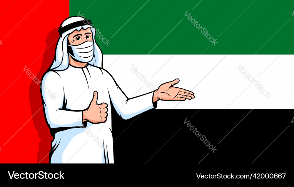 Arab man in fase mask thumbs up on uae flag Arab man in fase mask thumbs up on uae flag vector image