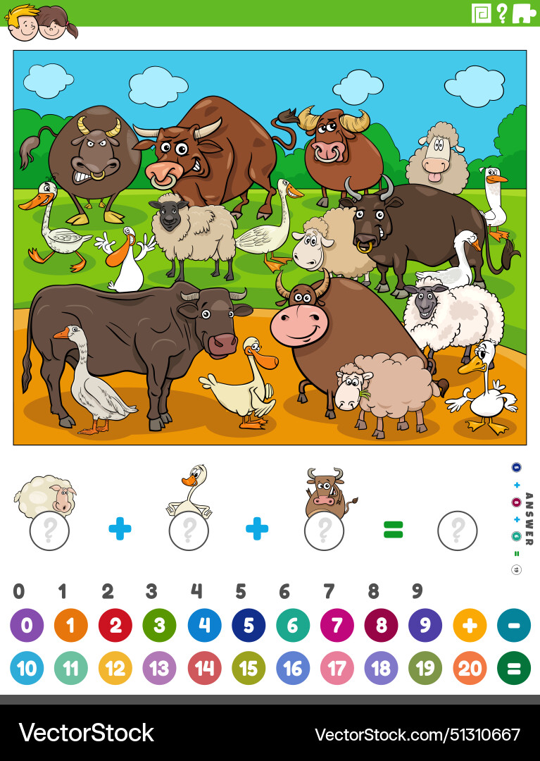 Counting and adding activity with cartoon farm Counting and adding activity with cartoon farm Vector Image