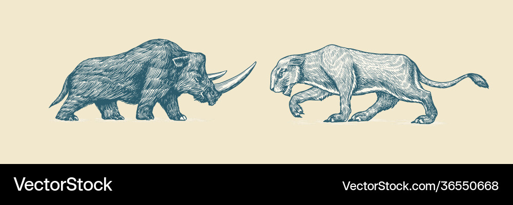 Woolly rhinoceros und europäische Höhle Löwen panthera Woolly rhinoceros und europäische Höhle Löwen panthera vektorbild