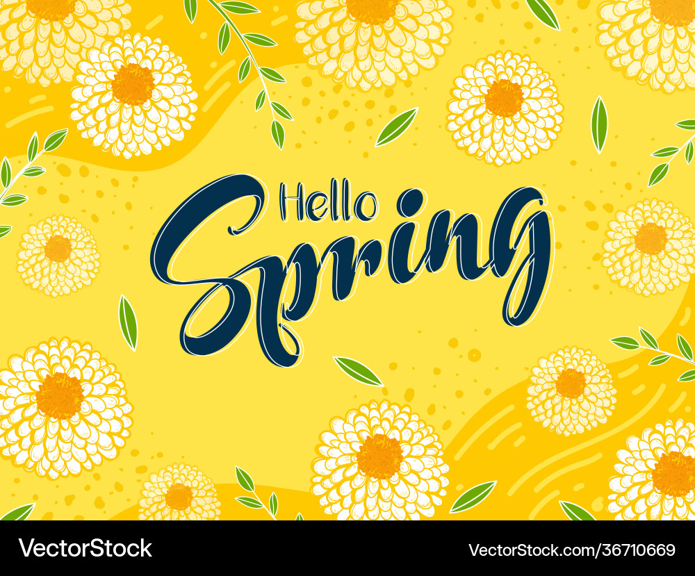 Hello spring font on yellow background decorated vector image