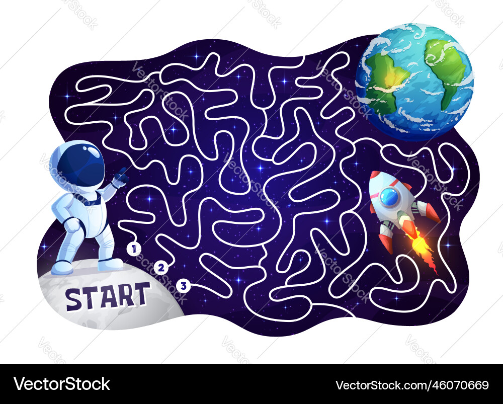 Labyrinth maze cartoon astronaut and space rocket Labyrinth maze cartoon astronaut and space rocket vector image