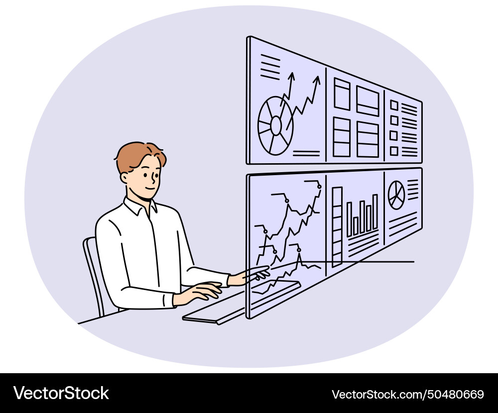 Man working on numerous monitors Vector Image