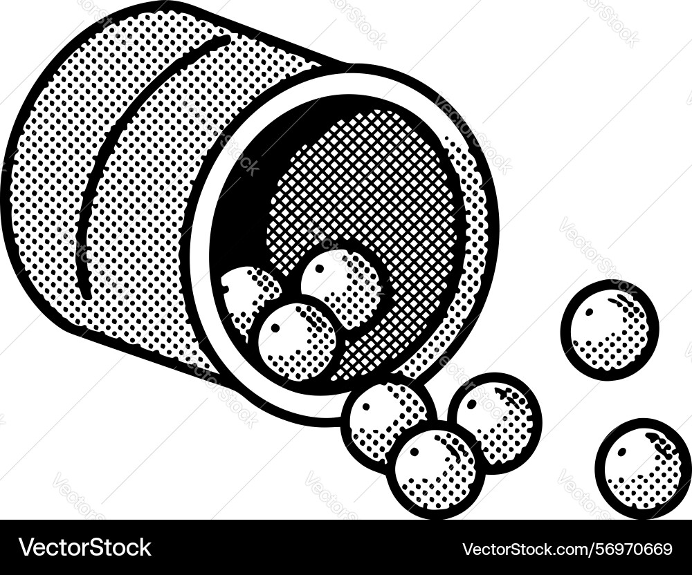 Monochrome of container spilling round objects Vector Image
